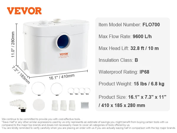 Macerator Pump Upflush Wastewater System for Toilet & Basement