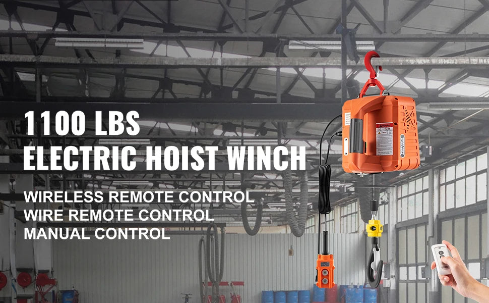 500kg Electric Hoist Winch with Remote Control, 25ft Lift
