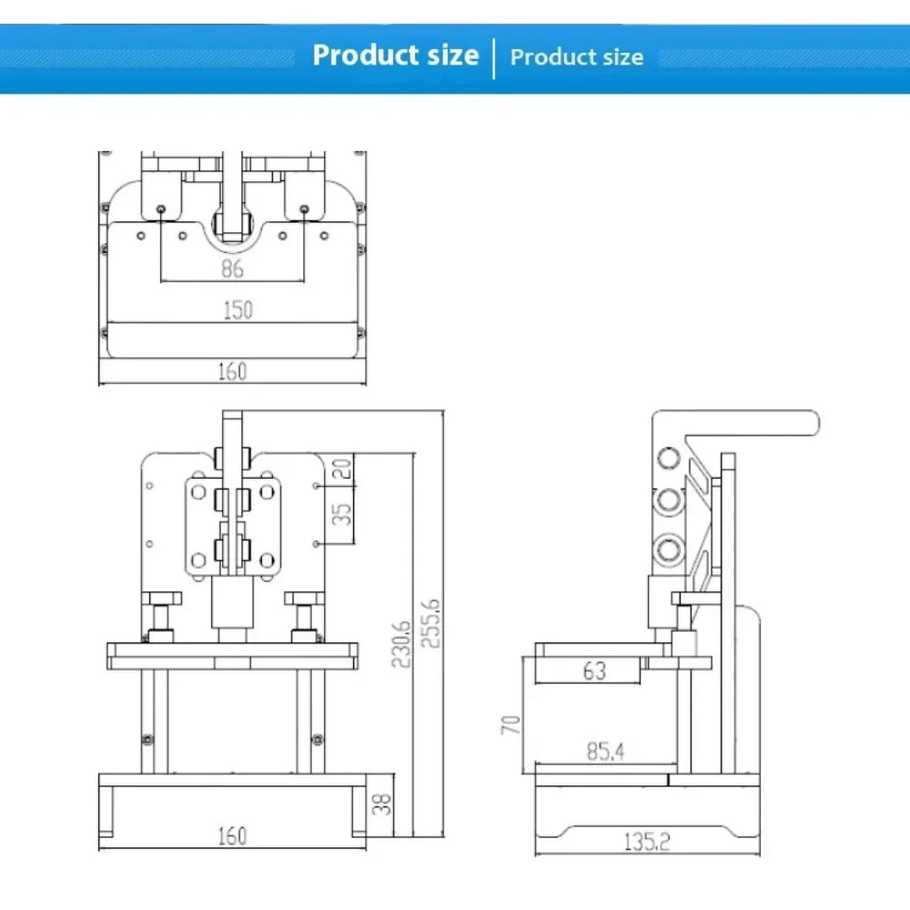 Fixture de test PCB avec zone de travail 150 x 85 mm