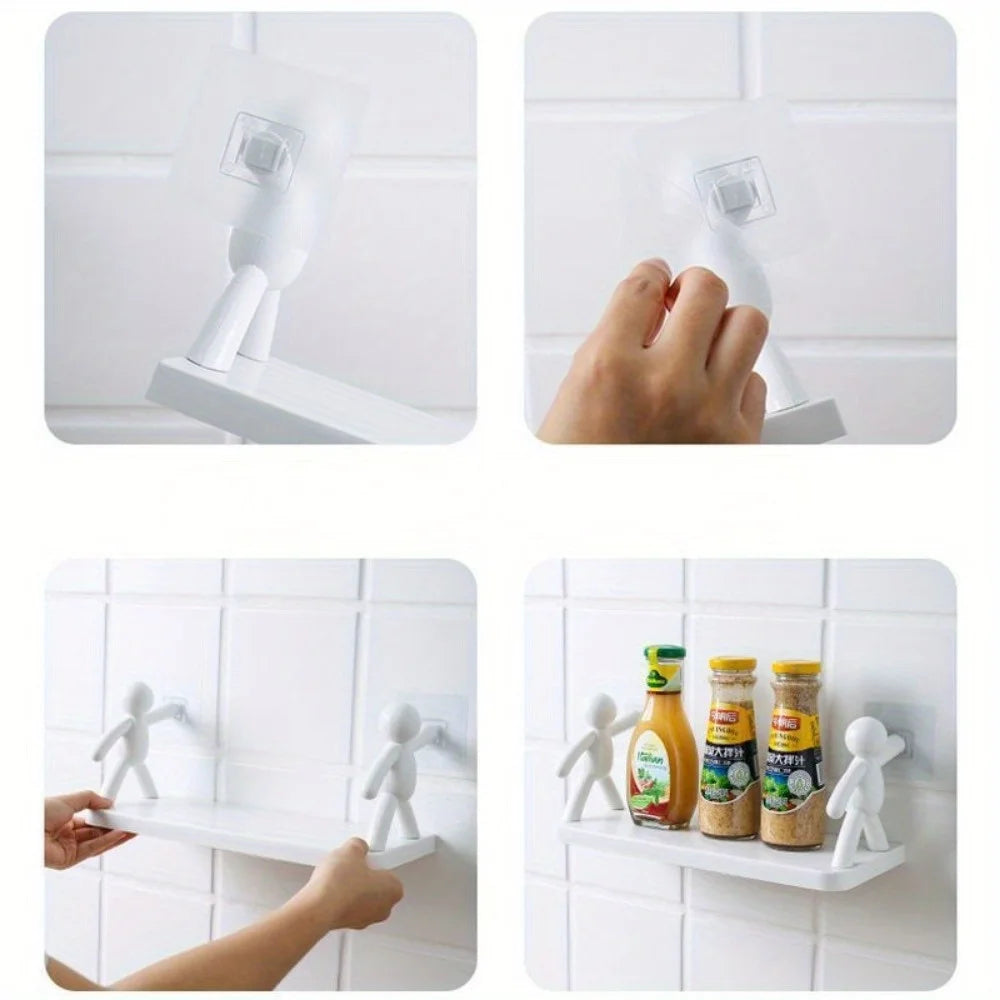 1pc Small Person Storage Rack Cartoon Non Punch Storage Rack Toilet Bathroom Cosmetics Storage Rack Seasoning Jar Sorting Rack 