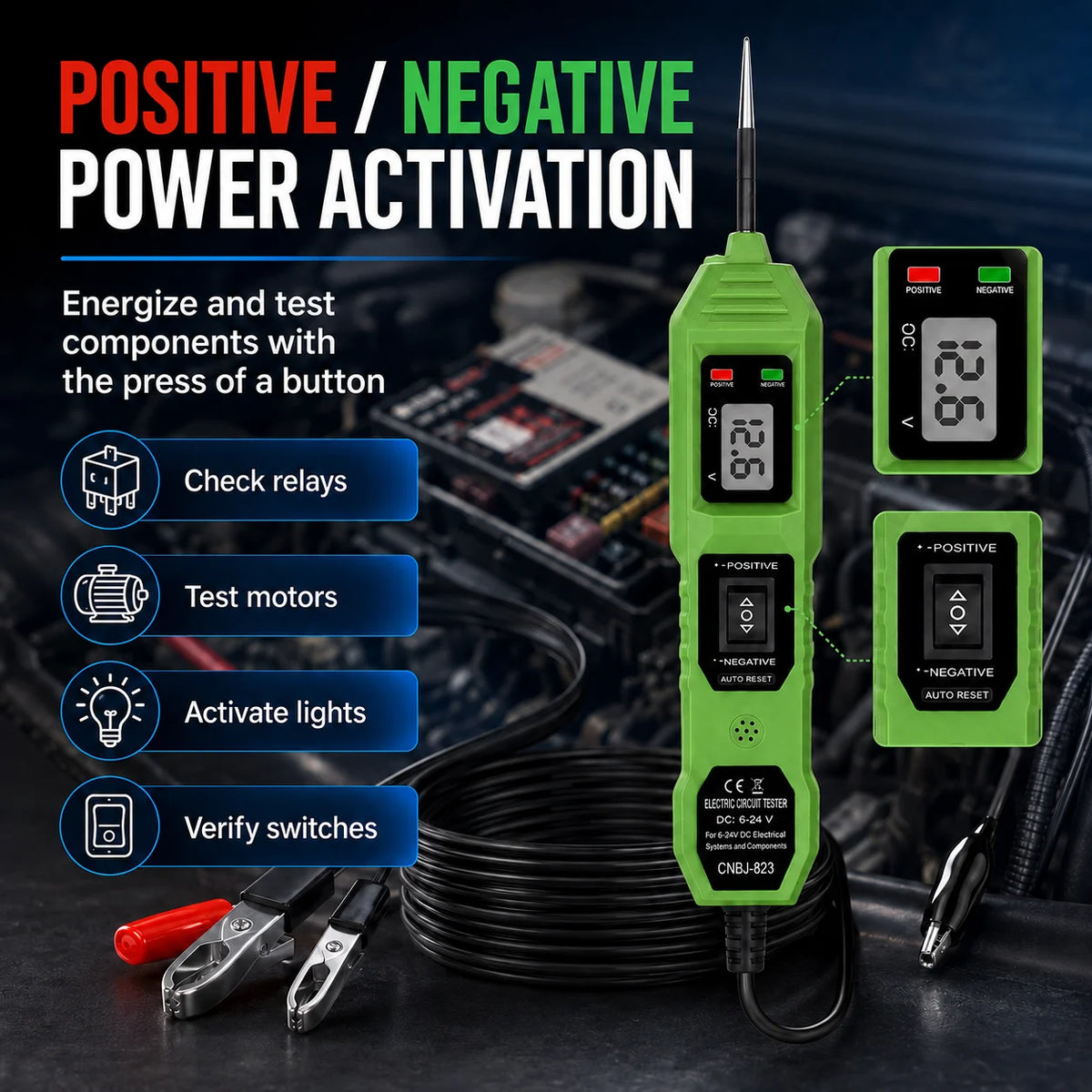 Smart Car Circuit Tester 823, s LED zobrazením napätia - napájanie USB, kompatibilné s vozidlami 3,5–36 V DC