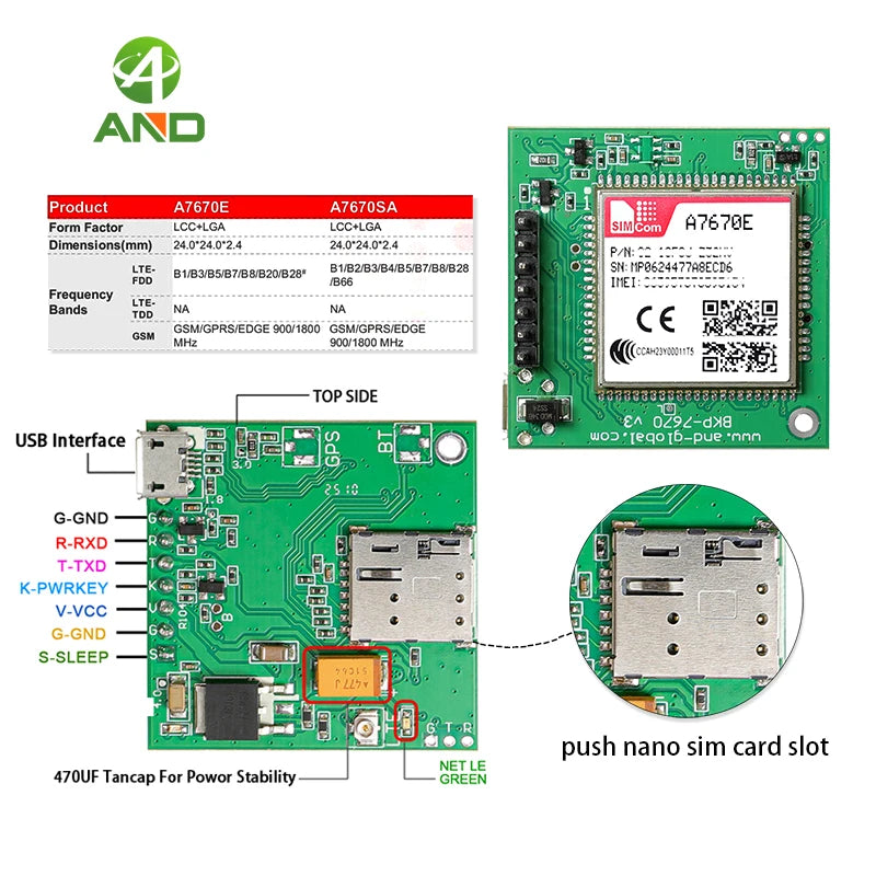 A7670E LTE Cat 1 4G Module Breakout Kit with Nano SIM Slot