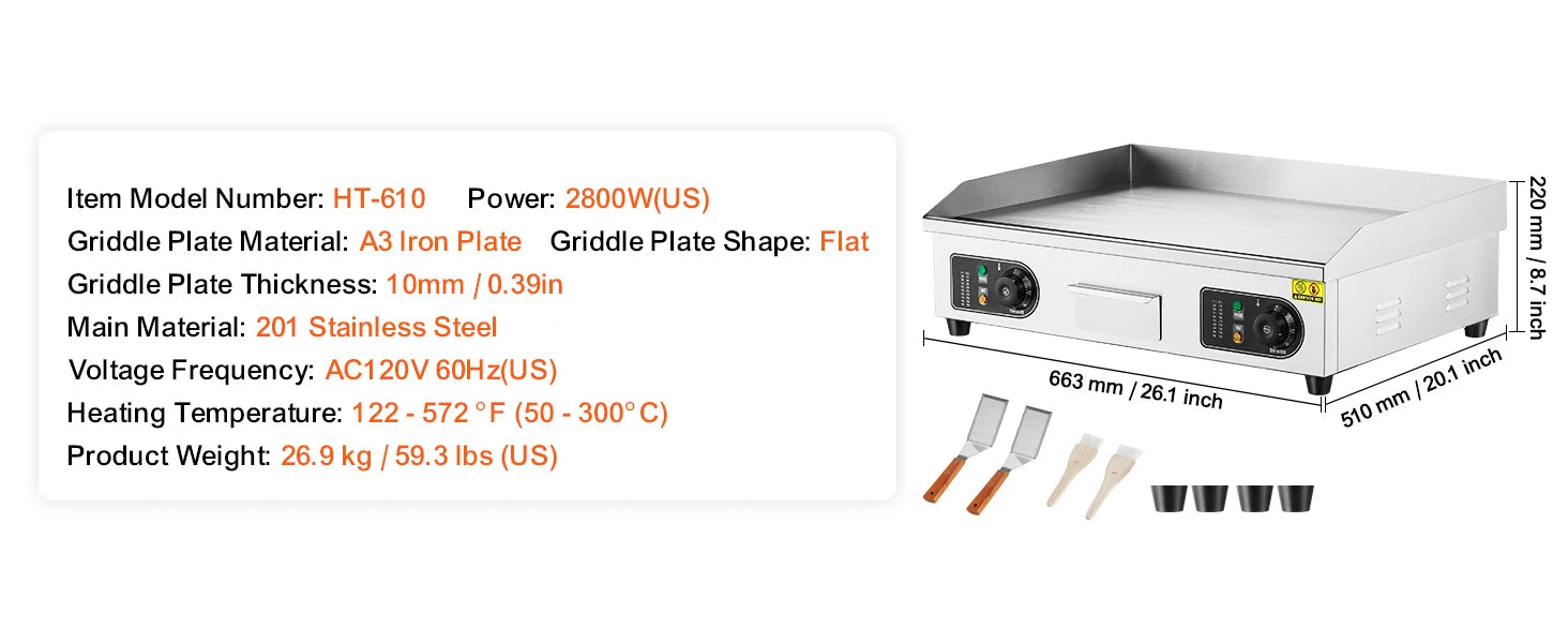 Commercial Electric Griddle 122–572°F Flat Top Countertop Grill
