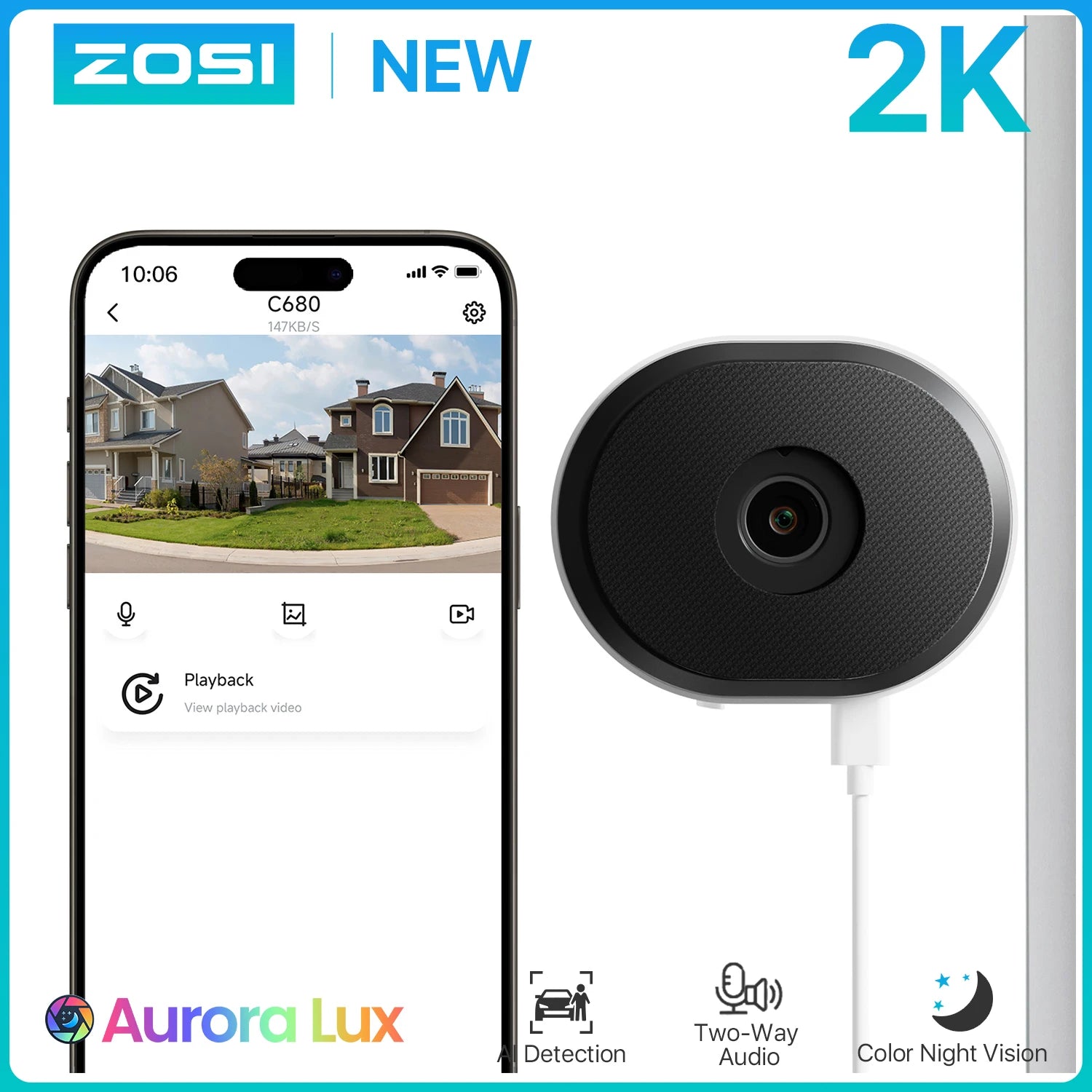ZOSI C680 2K Window Security Camera with Full-Color Night Vision