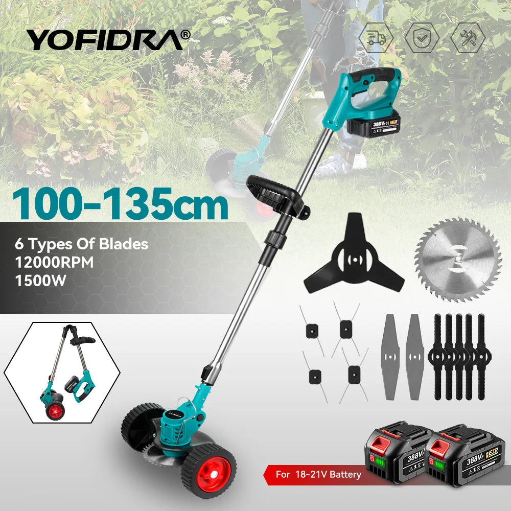 YOFIDRA 100-135cm Electric Lawn Mower 1500W Cordless Foldable Trimmer Pruning Cutting Garden Power Tool For Makita Battery Pin