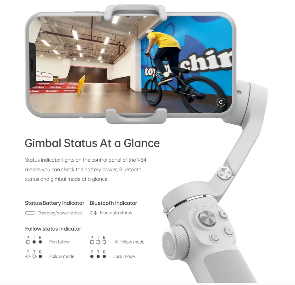 FeiyuTech VB4 3-tengelyes gimbal stabilizátor iPhone & Android számára, beépített selfie pálca, összecsukható kialakítás a vloggoláshoz, arcfelismerés
