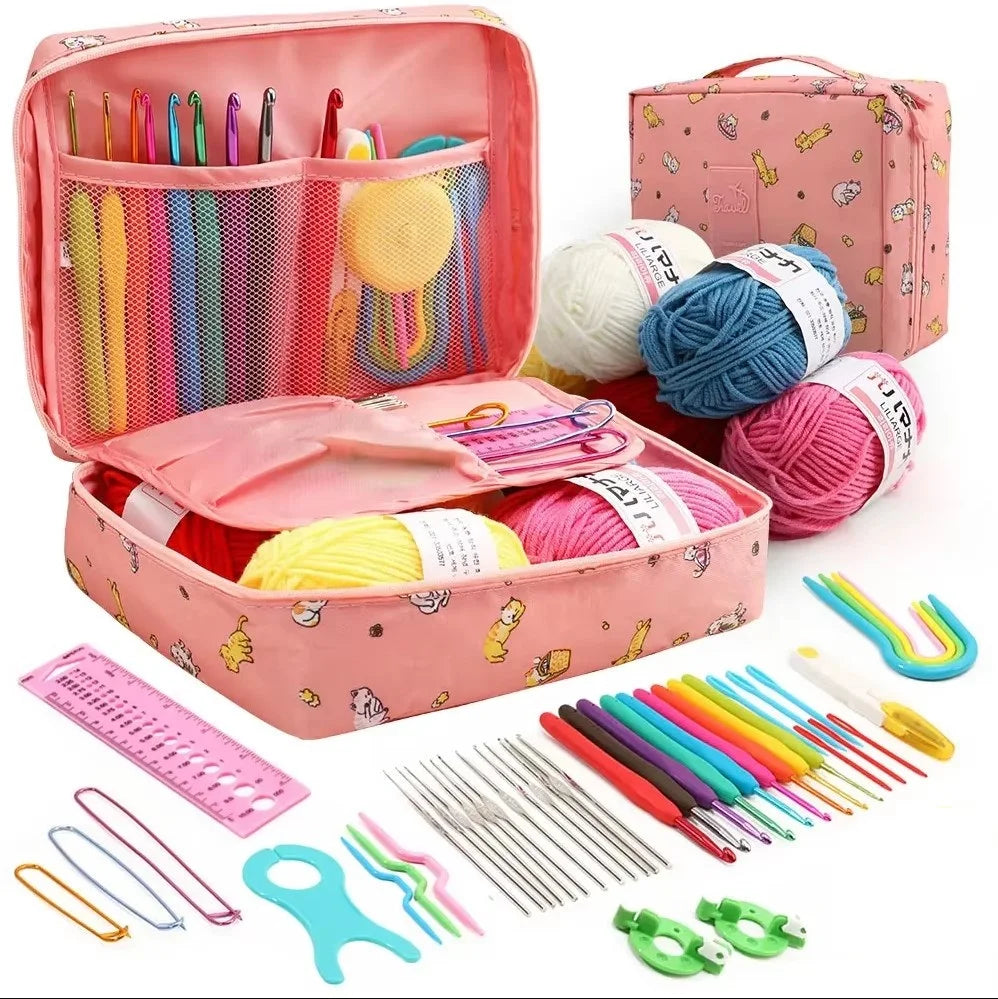 KOVEEN 59Pcs/Set  Portable Crochet Knitting Set DIY Beginner Crochet Hook Kit With Storage Bag Material Pack and Storage Tools 