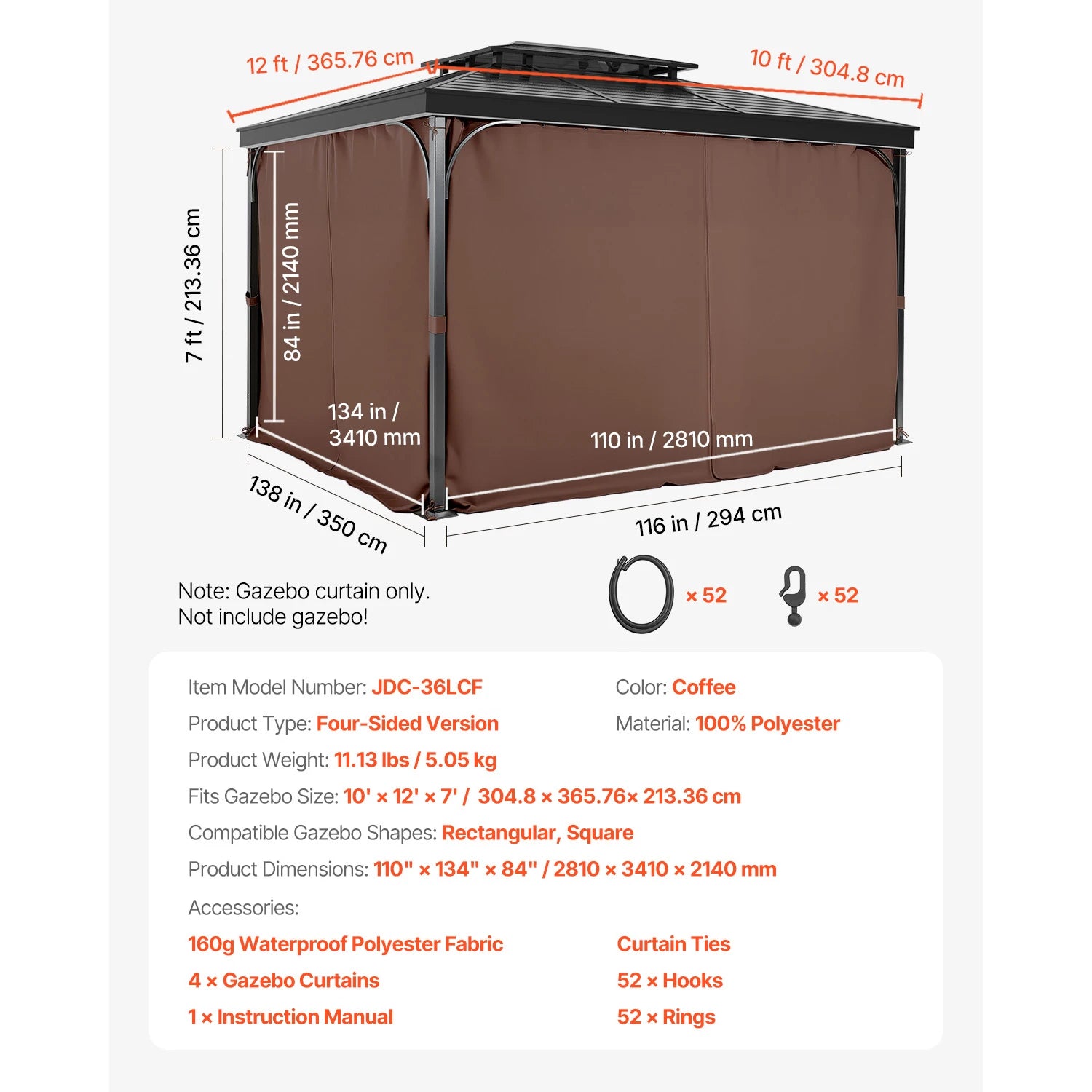 SucceBuy Gazebo Gardiner 4-panel sidevæg gazebo privatlivsgardiner med lynlåse universel solskærm gardiner erstatning til terrasse