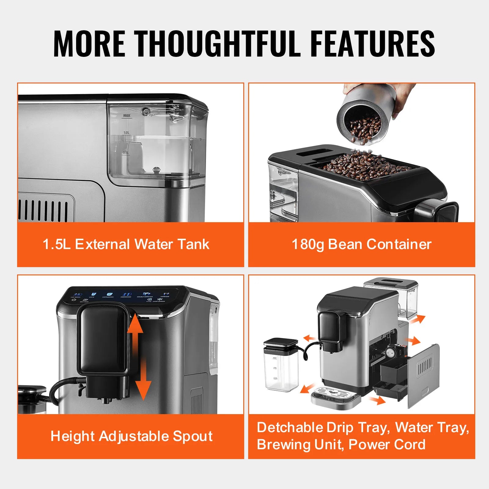 Automatic Espresso Machine with Grinder & Milk Frother Touch Screen