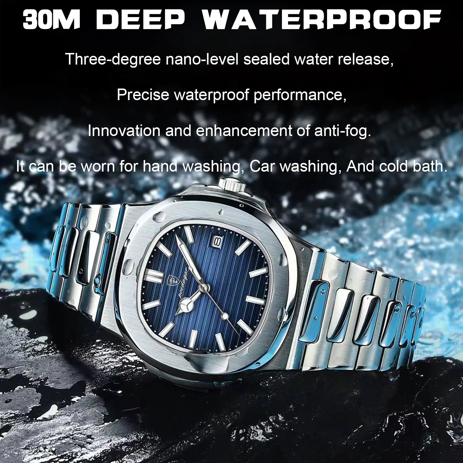 POEDAGAR Square Luxury Men Wristwatch Waterproof Luminous Date Stainless Steel Male Clock Business Sports Quartz Watches For Men 