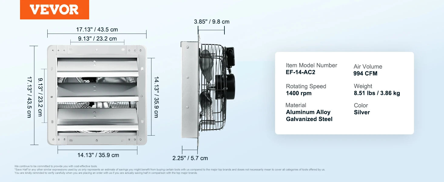 SucceBuy Shutter Exhaust Fan AC/ EC-motor 10-Speed Adjustable Wall Mount Attic Ventilation and Cooling for Greenhouses Garages