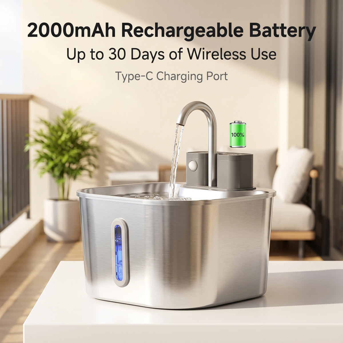 2.2L Wireless Recharging Sensor Stainless Steel Pet Water Fountain
