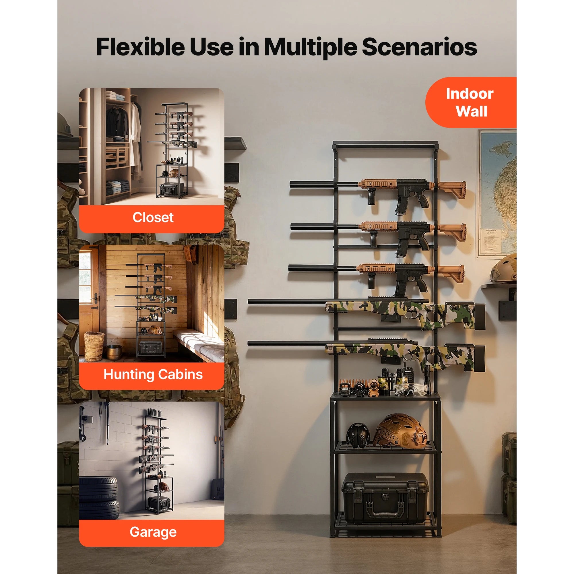 Supporto per fucili Gun Rack da terra, da interno, porta fucili a ripiani con spazio di stoccaggio per espositore a parete, supporto per garage