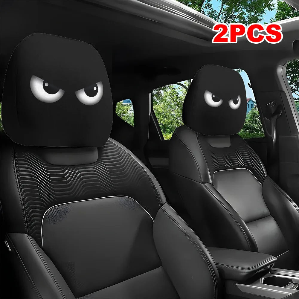 2PCS Funny Slanted Eyes Cartoon Print Car Headrest Cover for Halloween Christmas Holiday Automobile Interior Decoration 