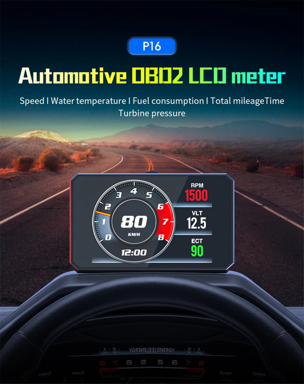 P16 OBDII Digital Vehicle Dashboard Display