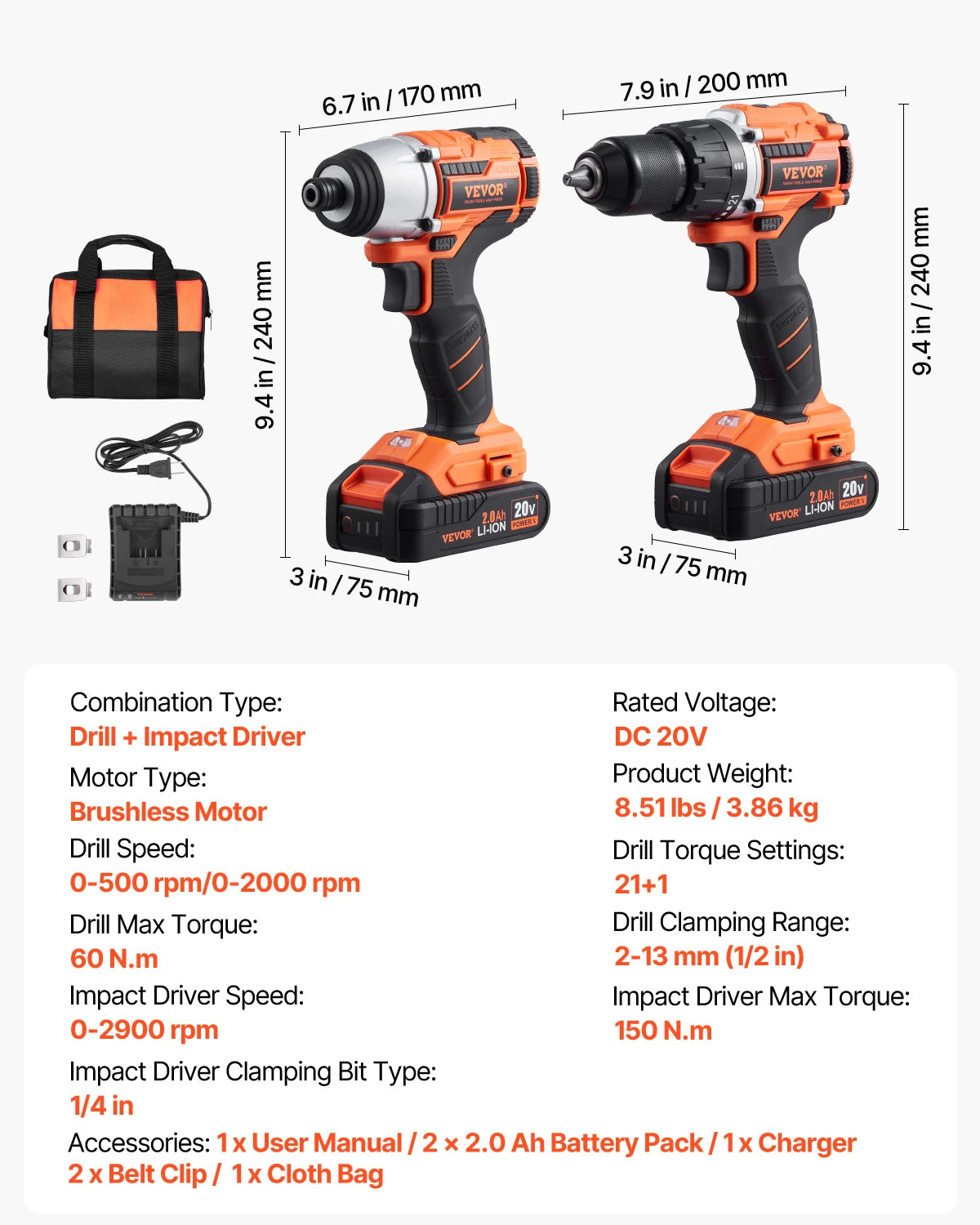 Cordless Drill & Impact Driver Combo Kit with Batteries and Charger