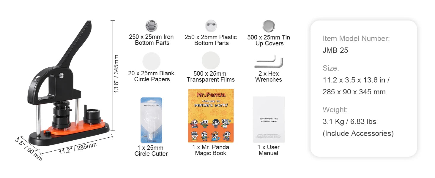 Button Maker Machine Kit with 25/32/58mm Molds & Accessories