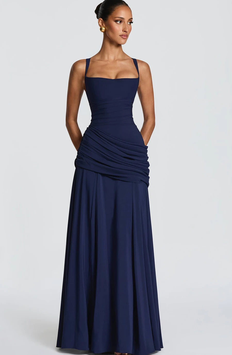 Women’s Elegant Ruched Backless Maxi Dress with Square Neck