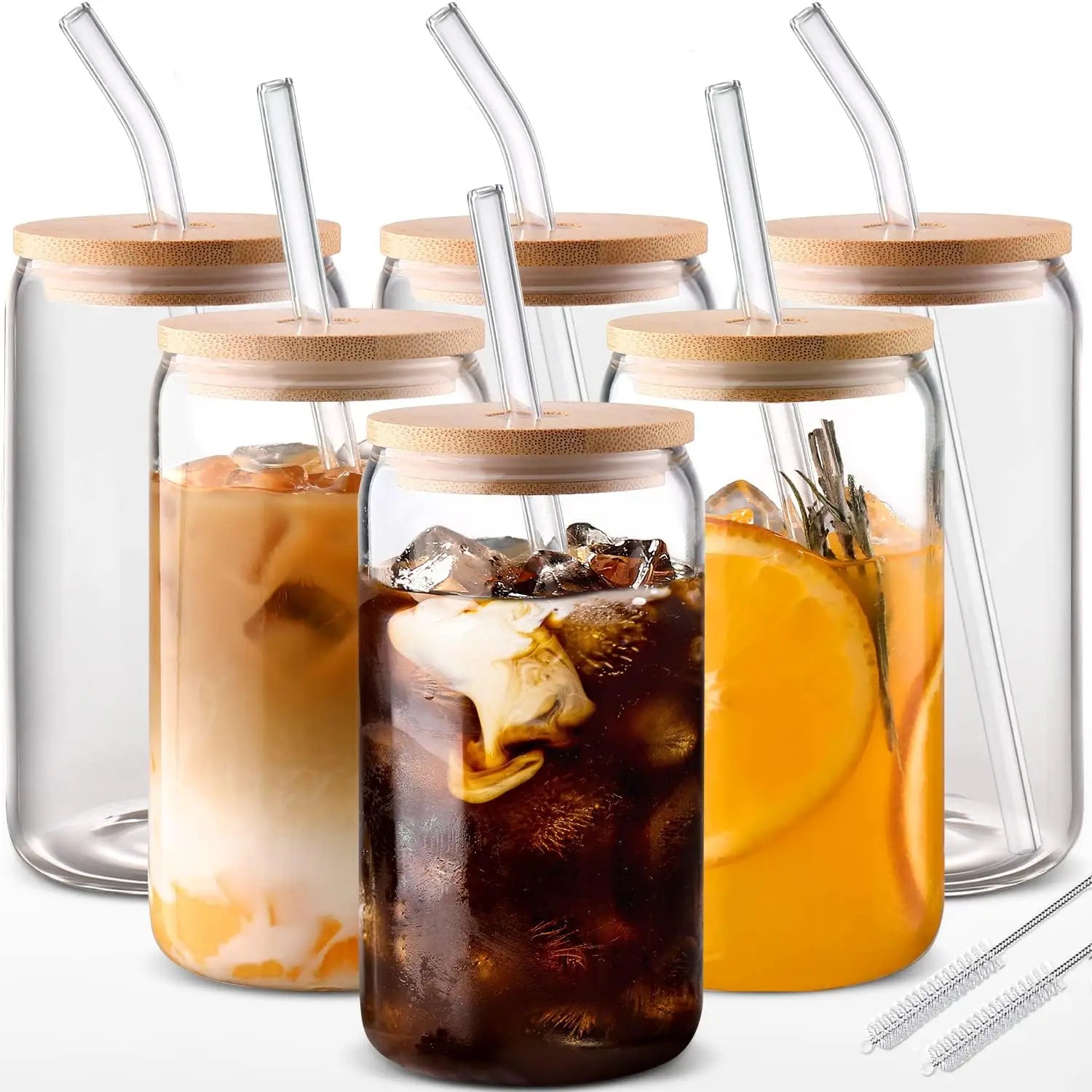 6-pack 550 ml glas med bambulock och glas-sugrör