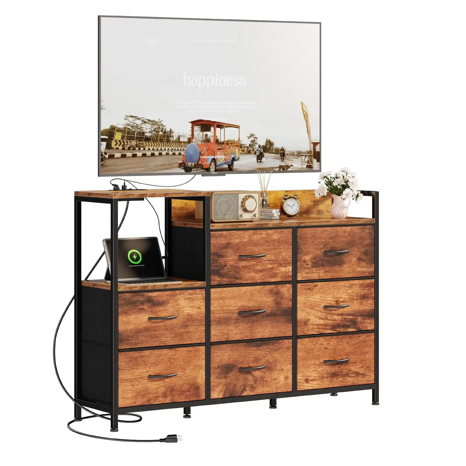 Modern TV Stand with 9 Fabric Drawers & Metal Frame Storage