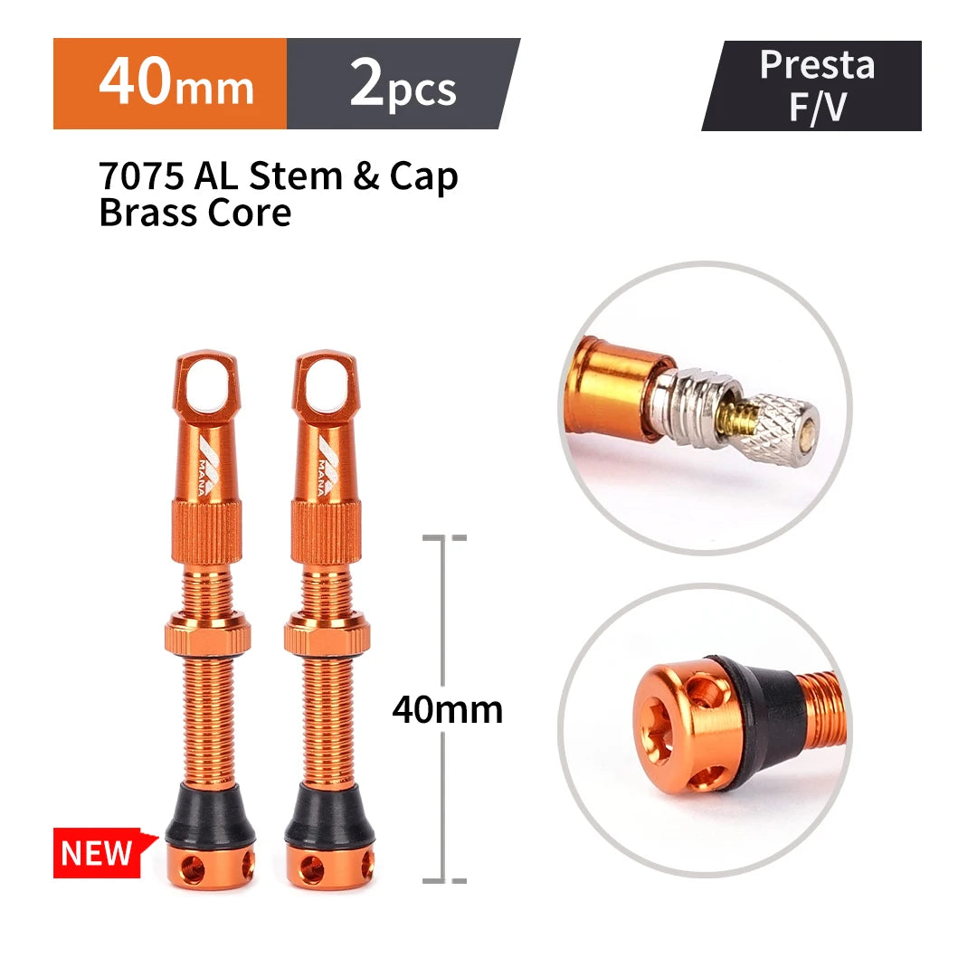 Válvulas Tubeless Presta MANA — Par, 40–100 mm