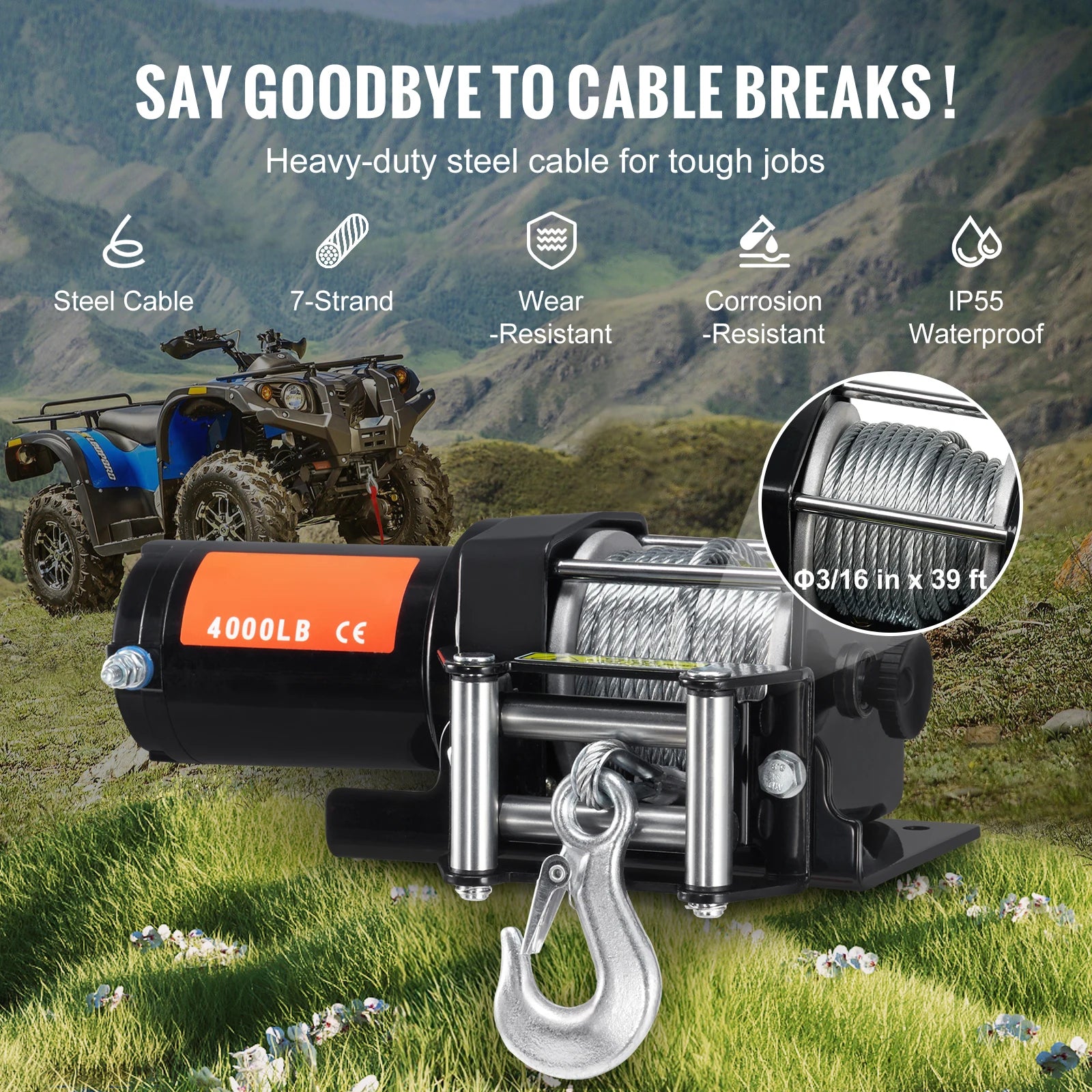 4000lb Electric ATV Winch with Steel Cable & Dual Remote Control