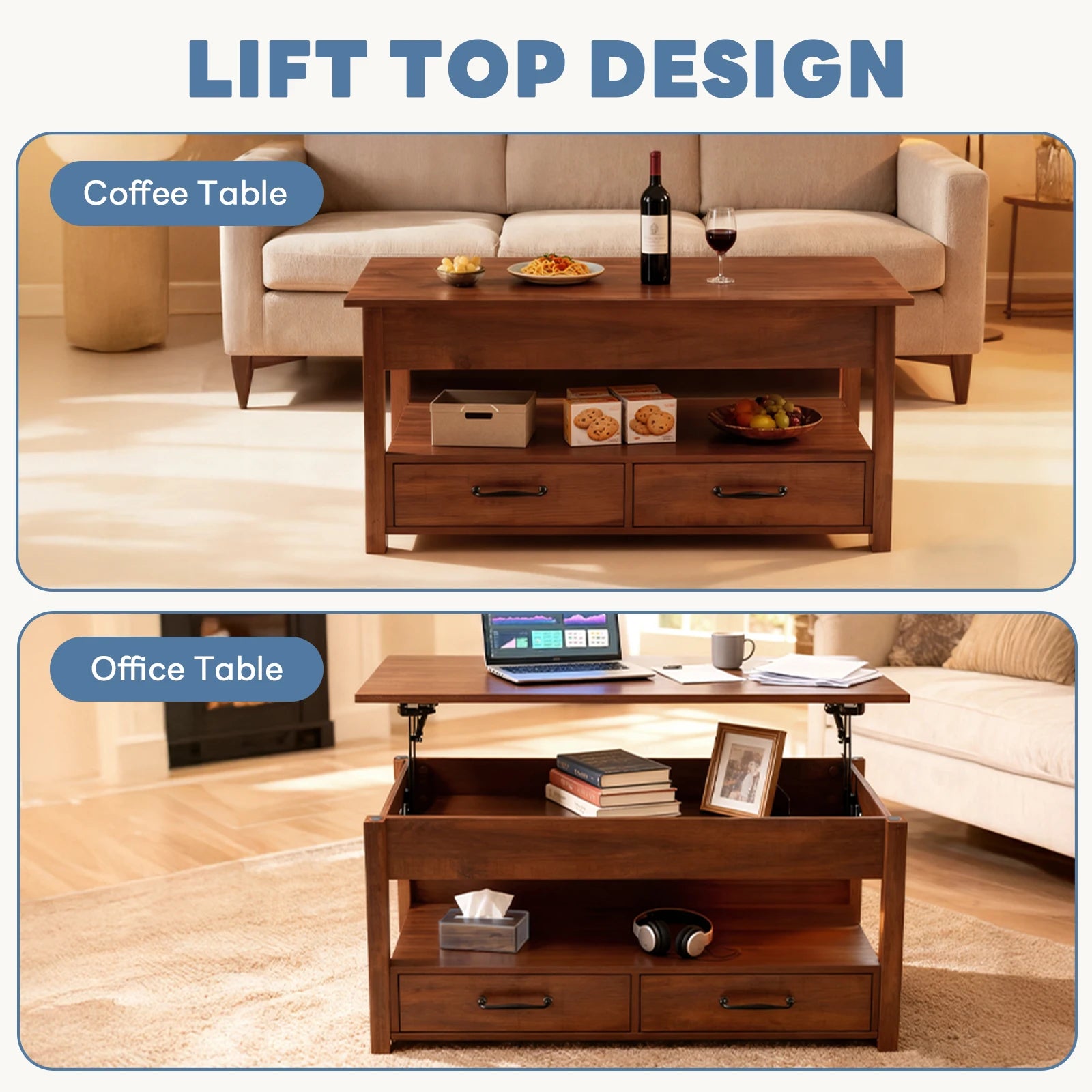 Lift Top Coffee Table with Hidden Storage and Drawers