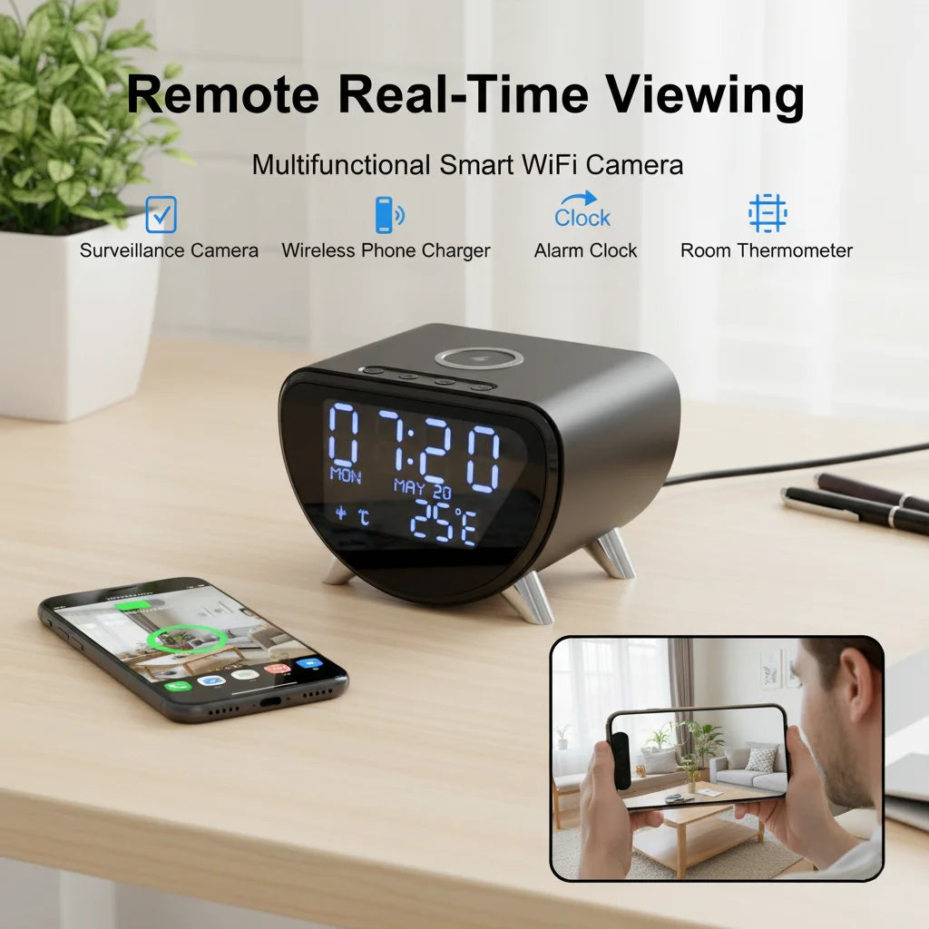 4K UHD WiFi Clock Camera, Indoor Surveillance with Motion Detection, Remote Real-Time View & Video Recording, Qi Wireless Charging Compatible, Suitable for Home Office Warehouse, Elegant Minimalist Design, TF Card Storage (No