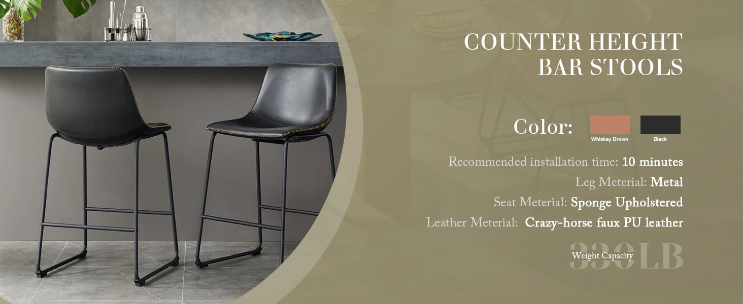 Counter Height PU Leather Bar Stools Set of 2 with Backrest