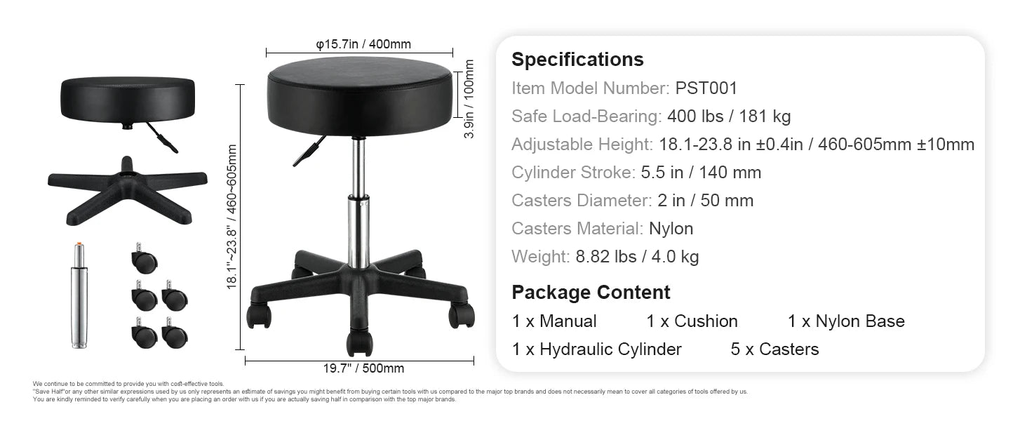Adjustable Rolling Stool with Wheels 360° Swivel Salon Chair