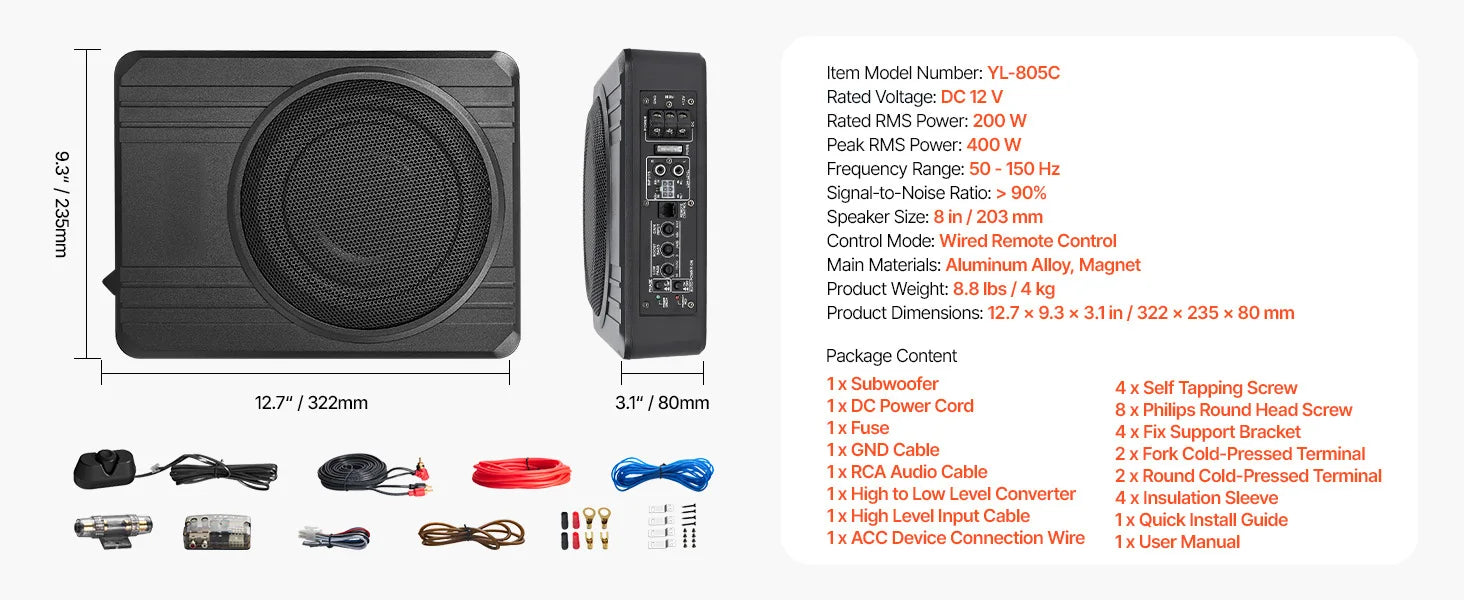 Subwoofer per auto da 8" sotto il sedile con amplificatore integrato 240W di potenza di picco