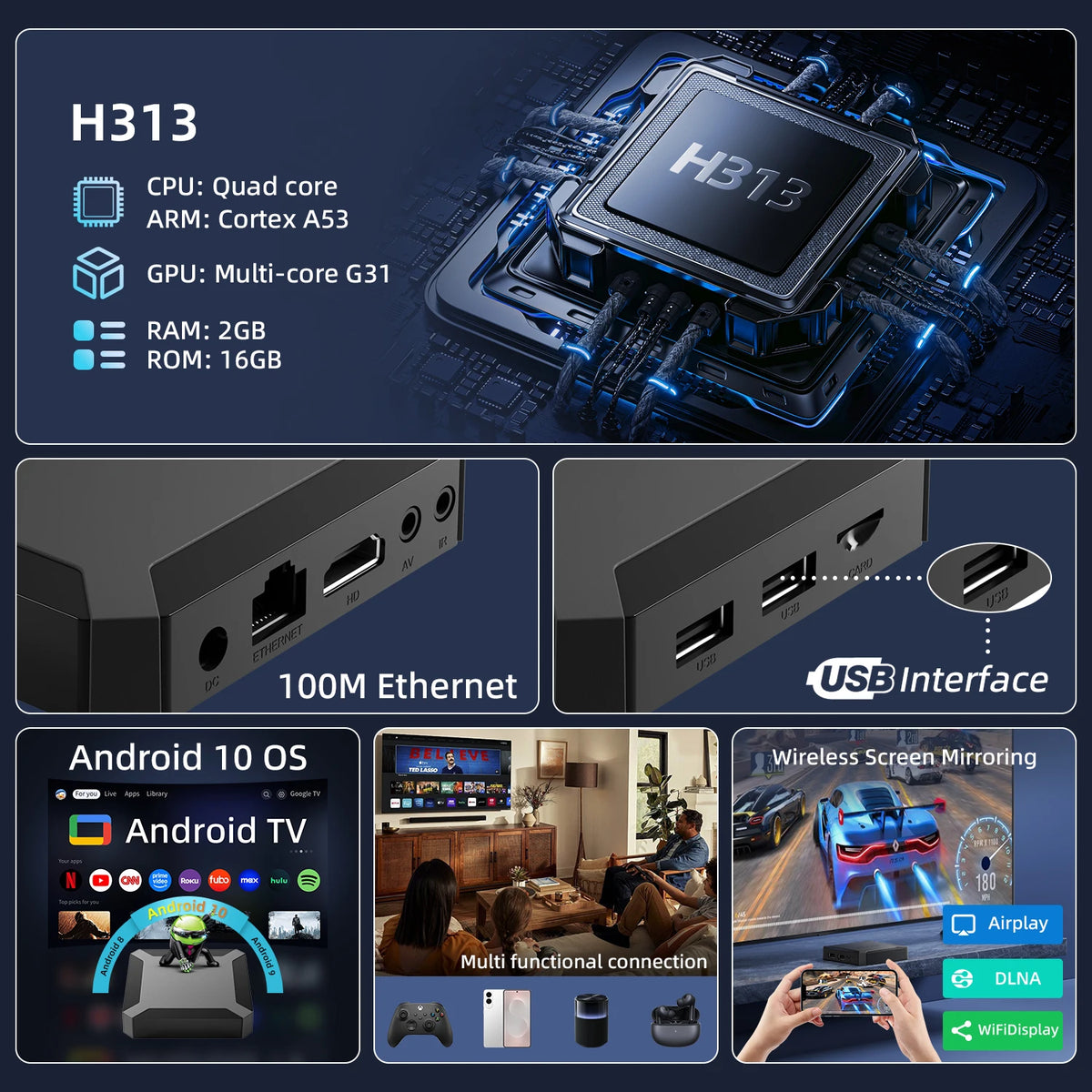 X96Q Android 10 TV Box Allwinner H313 Quad Core 4K Smart Media Player 1GB 2GB RAM 8GB 16GB ROM WiFi Ethernet AV Output Set Top Box for Old TV IPTV Receiver