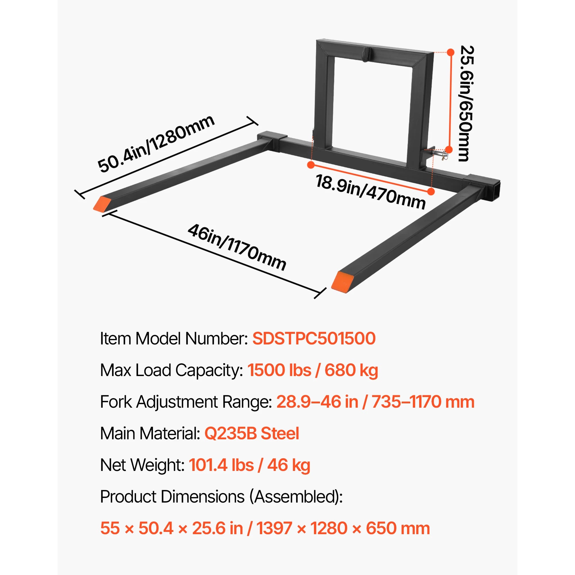 1500 lb 3-Point Hitch Pallet Forks 50in for CAT 1 Tractors
