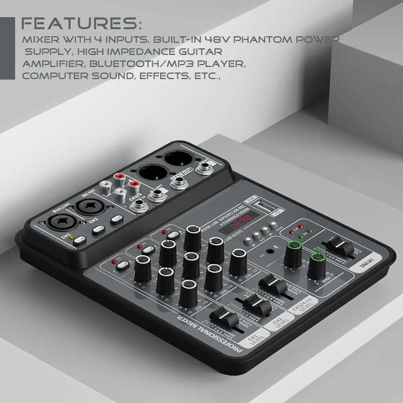4 Channel Audio Mixer 48V Phantom Power USB Studio Sound Mixers Bluetooth DJ Console Mixing for Karaok 