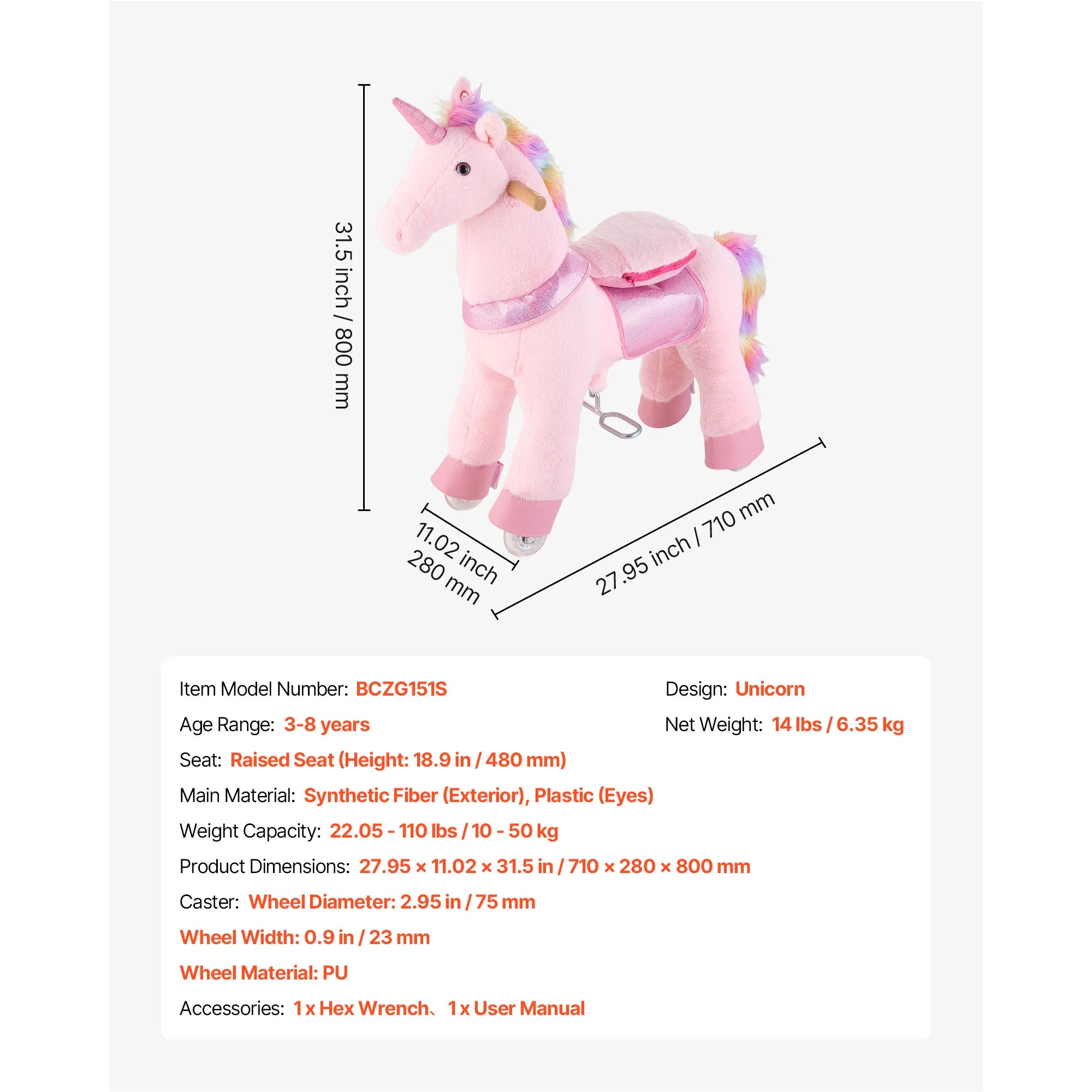 SucceBuy 110/176 lbs Kids Ride On Horse Riding Pink Unicorn Toys Smooth Wheels with Anti-Roll Stop Ring & Handles for Children