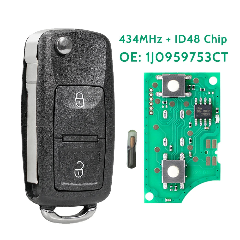  Univerzális 2 gombos távirányító kulcstartó ABS, Volkswagen 1J0959753CT ID48 chip 433MHz kulcs nélküli bejutás cseréje - 2 készlet