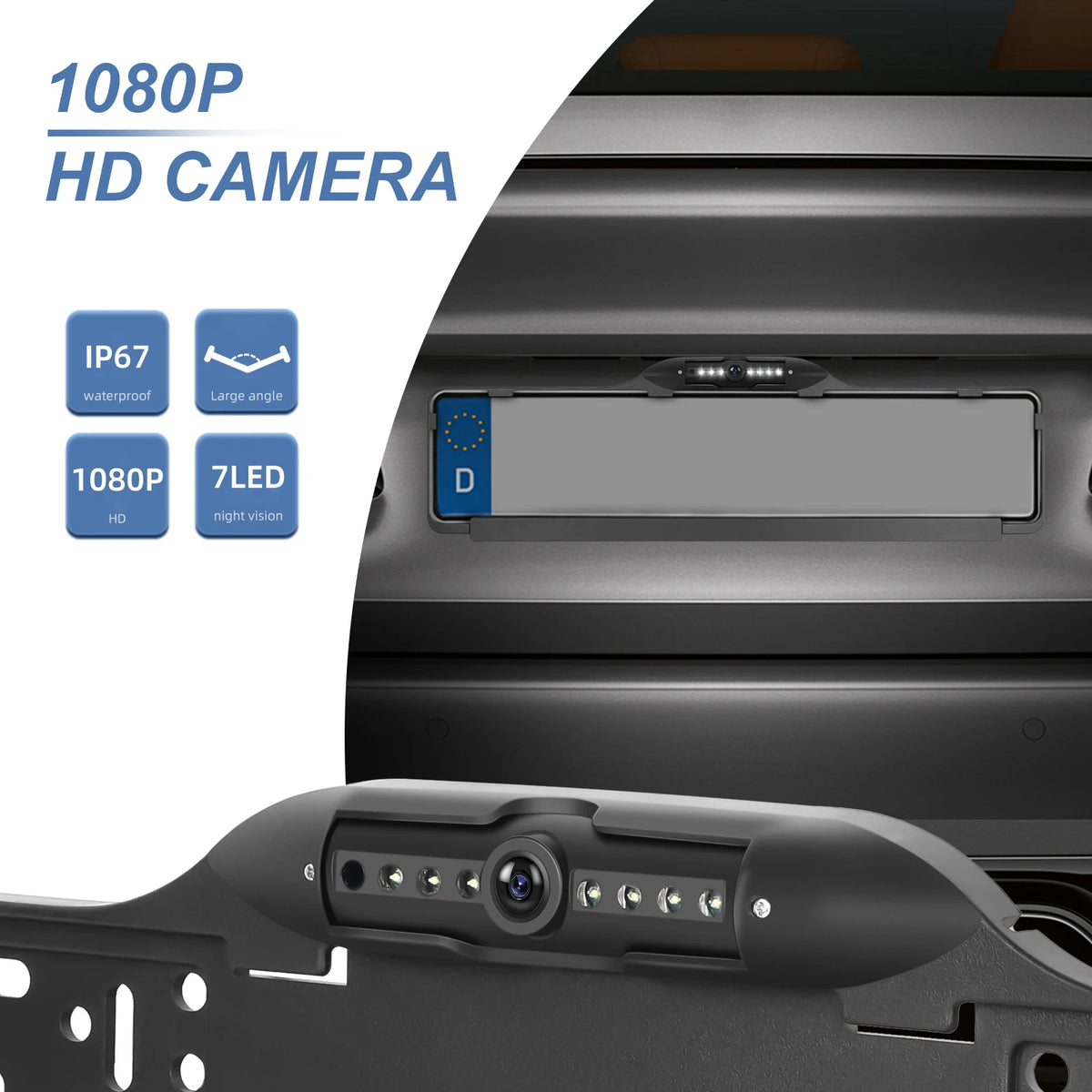 Cámara trasera para coche con marco de placa de matrícula europeo, impermeable, visión nocturna LED blanca 720P/1080P/CVBS Ajustable