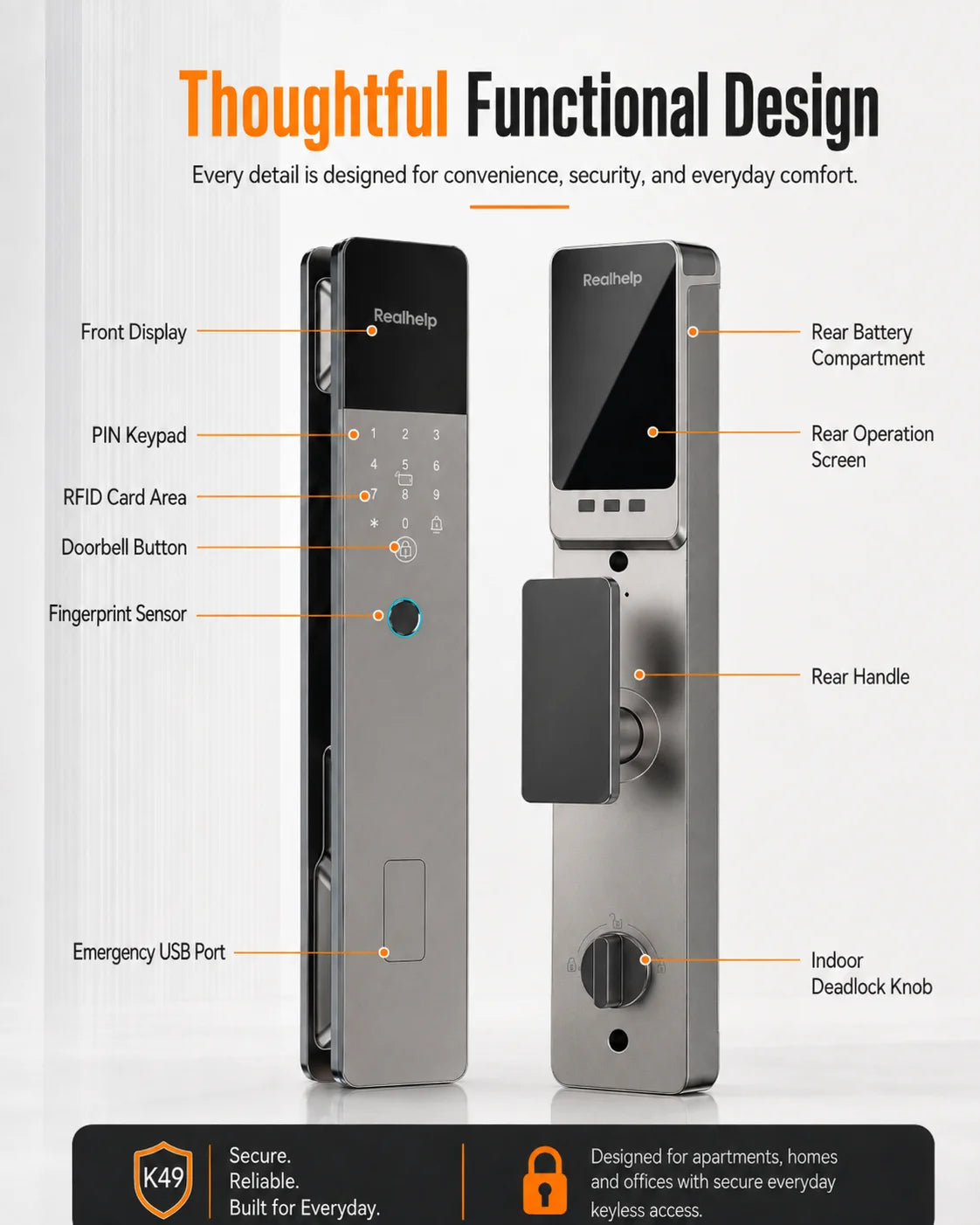 Realhelp K49 Smart Door Lock 6068 Mortise Fingerprint Door Lock PIN Code RFID Card Keyless Entry Electronic Lock 4200mAh Rechargeable Battery Standalone Security for Home Apartment Office EU Warehouse