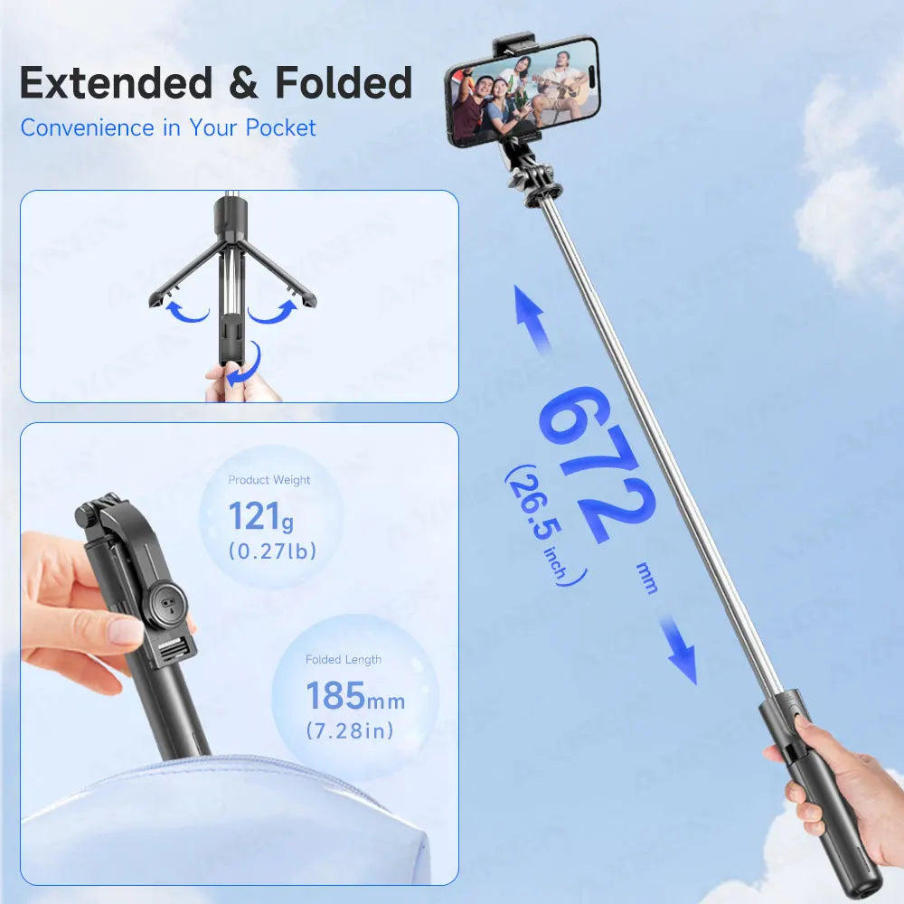 Selfie Stick Tripod with Detachable Bluetooth Remote, 360° Rotation,Extendable Pole, Fill Light Option, for iPhone Android Phone