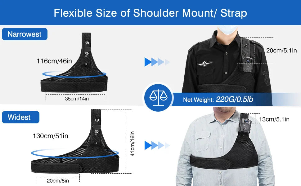 BOBLOV Body Camera Chest Vest, Durable Shoulder Single Vest for All Body Camera Support Max 130cm/4.3ft  Adjustable Chest Size