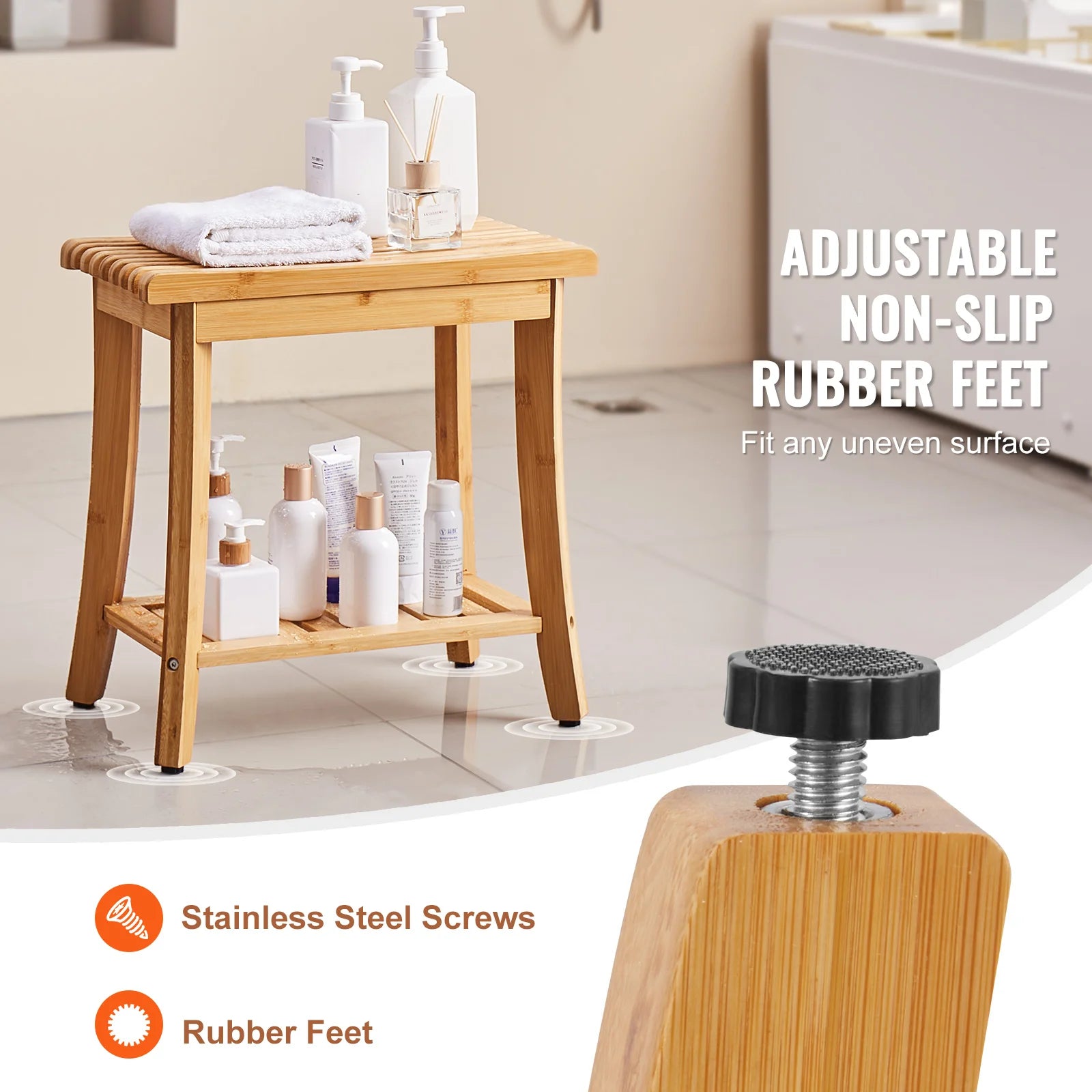 Bamboo Shower Bench with Storage Shelf 330lb Capacity Stool