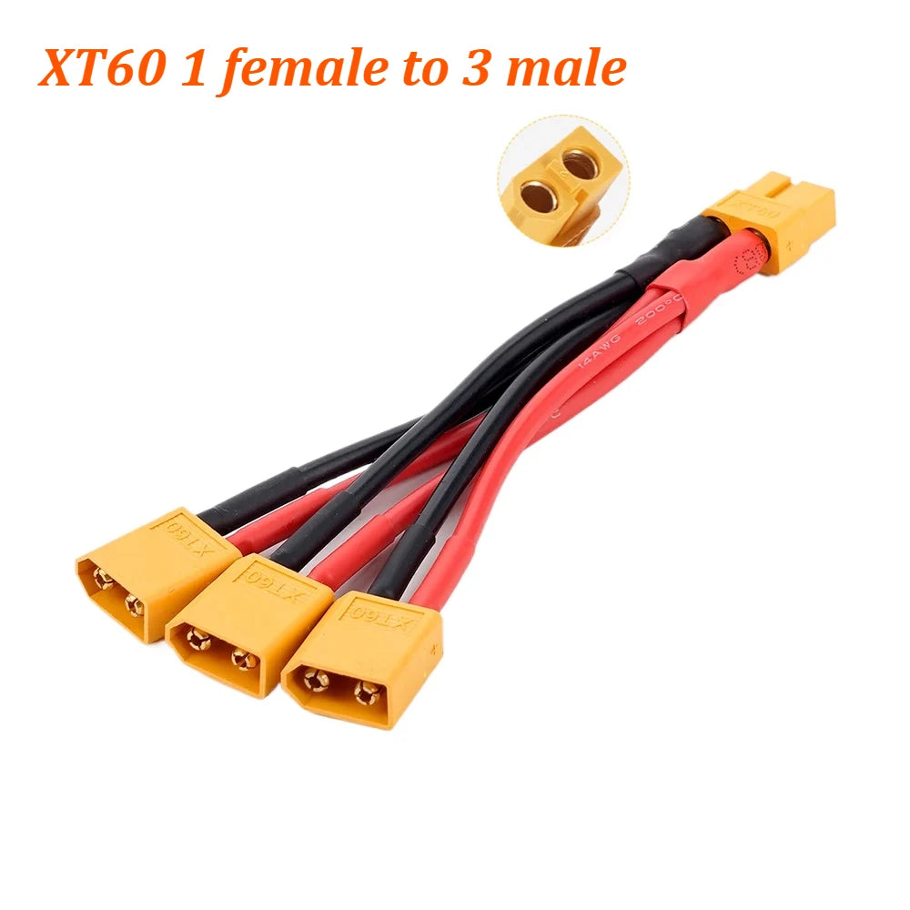 XT60 Parallel Battery Connector 3-Way 14AWG Silicone Wire Male/Female Dual Extension Y Splitter 100mm for Battery Charger Motor 