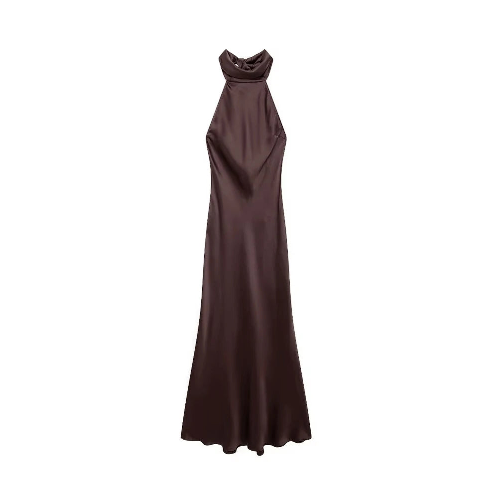 Women's Long Satin Halter Dress, Backless, Bow Tied, Back Zipper, Female Dresses, Sexy Fashion 