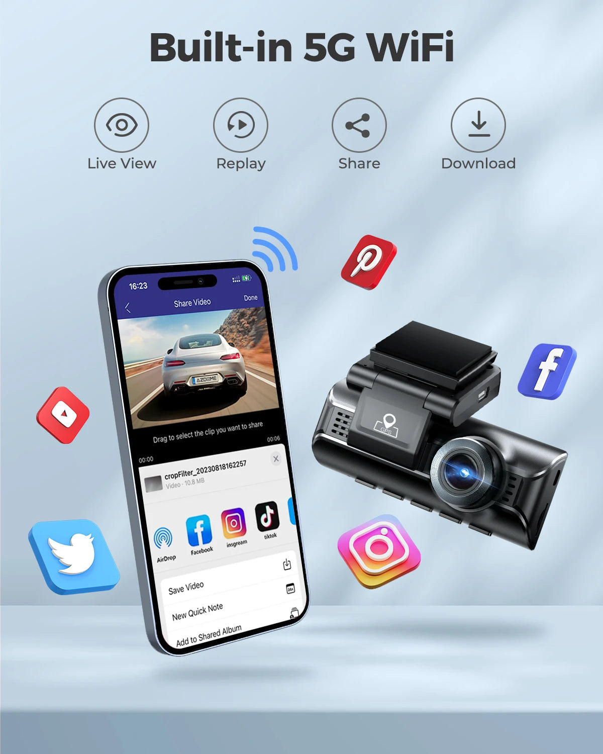 AZDOME M550 Pro 5.8Ghz WiFi 2/3 Channel Dash Cam 4K+1080P Built-in GPS 3.19" IPS Screen Car DVR IR Night Vision 24H Parking Mode 