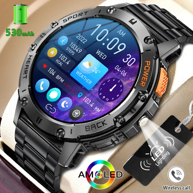 For Android ios New AMOLED Smart Watch Men with Flashlight Sports Waterproof Fitness Tracker Bluetooth Call Smartwatch Man+Box 