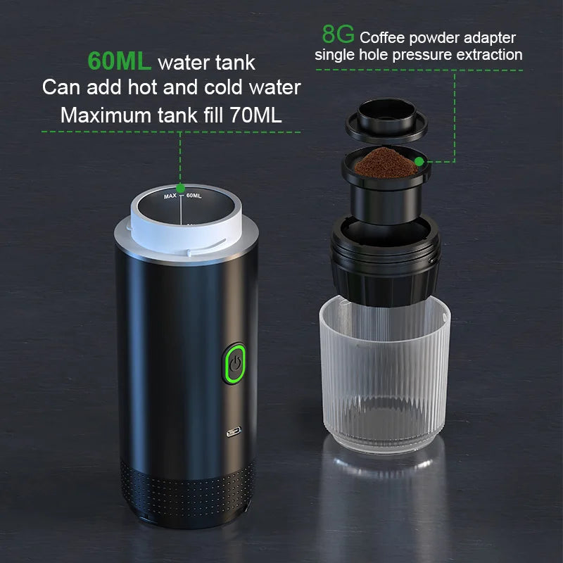 Wireless Electric Portable Espresso Coffee Machine for Car & Home Camping Coffee Maker 3-in-1 Capsule Powder Travel Coffee Maker 