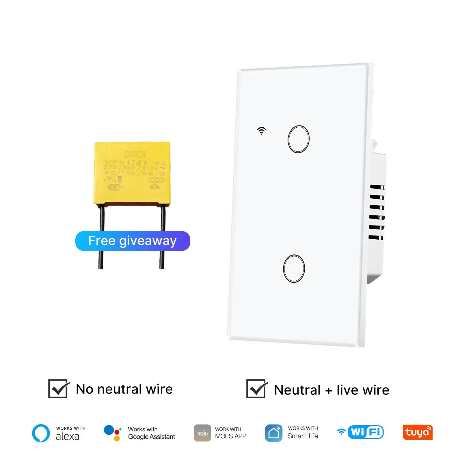 Smart Light Switch No Neutral WiFi Touch Control