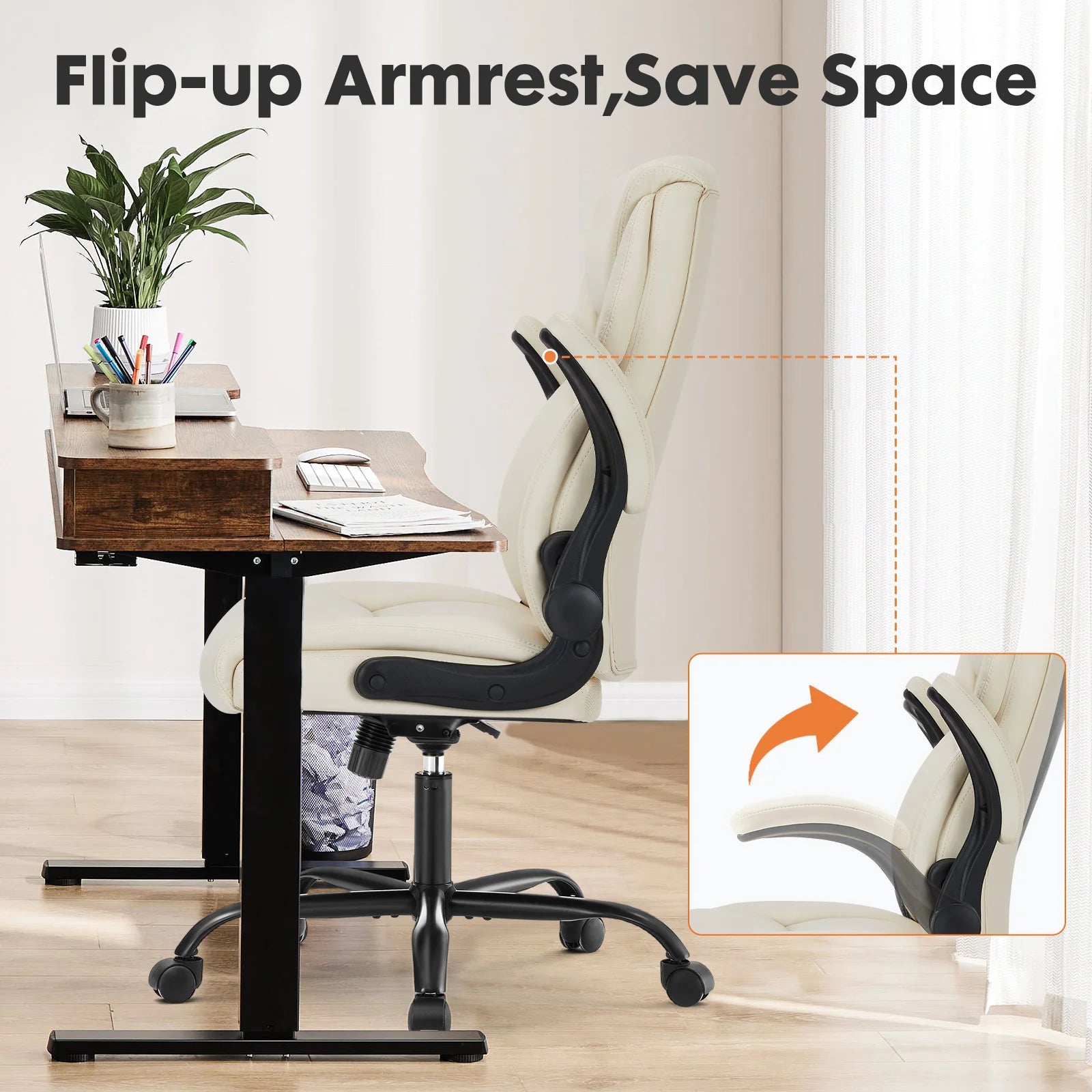 Ergonomic Office Chair with Flip-Up Arms PU Leather Swivel Seat
