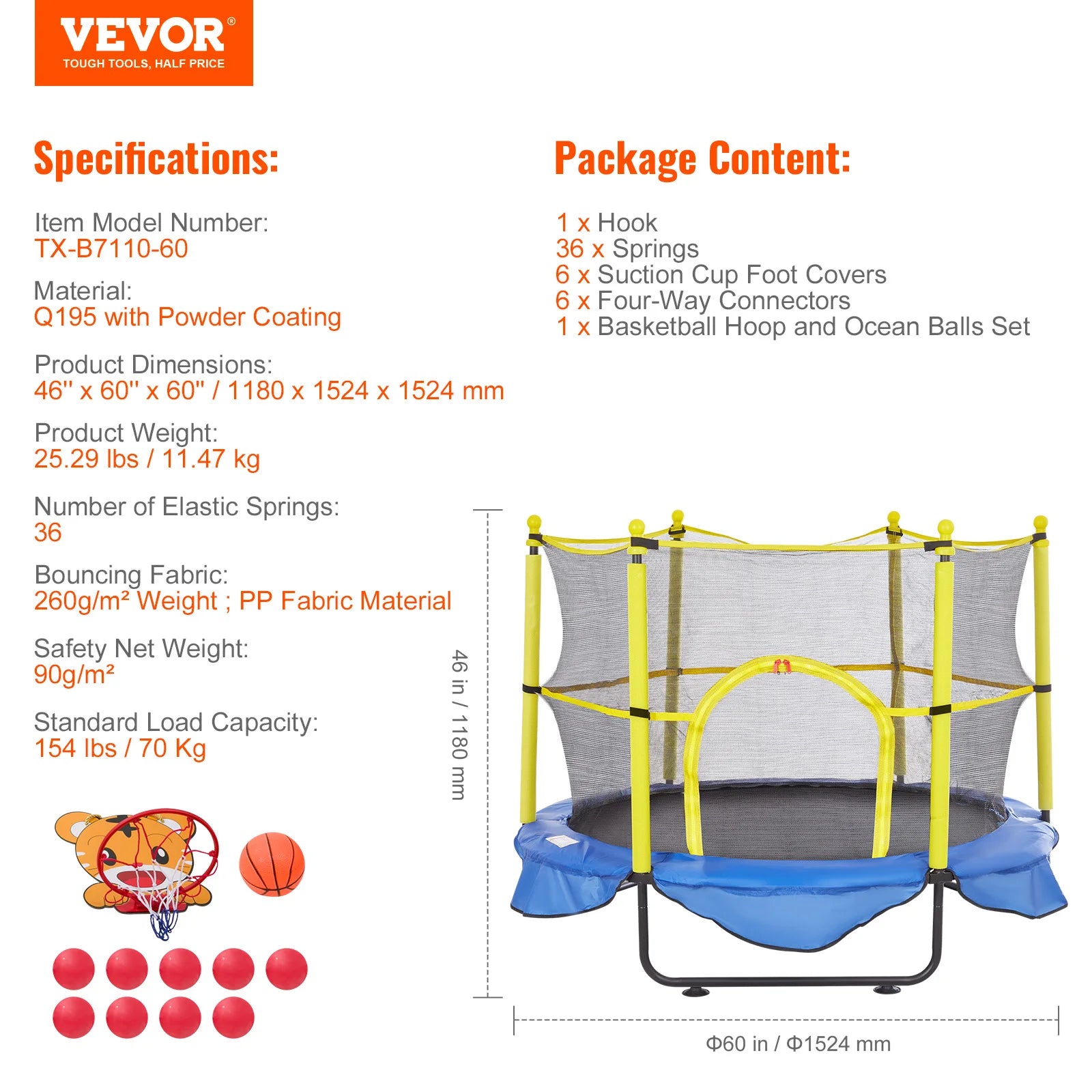 Trampolino per bambini 5FT con rete di sicurezza, cerchio e palline per interno ed esterno