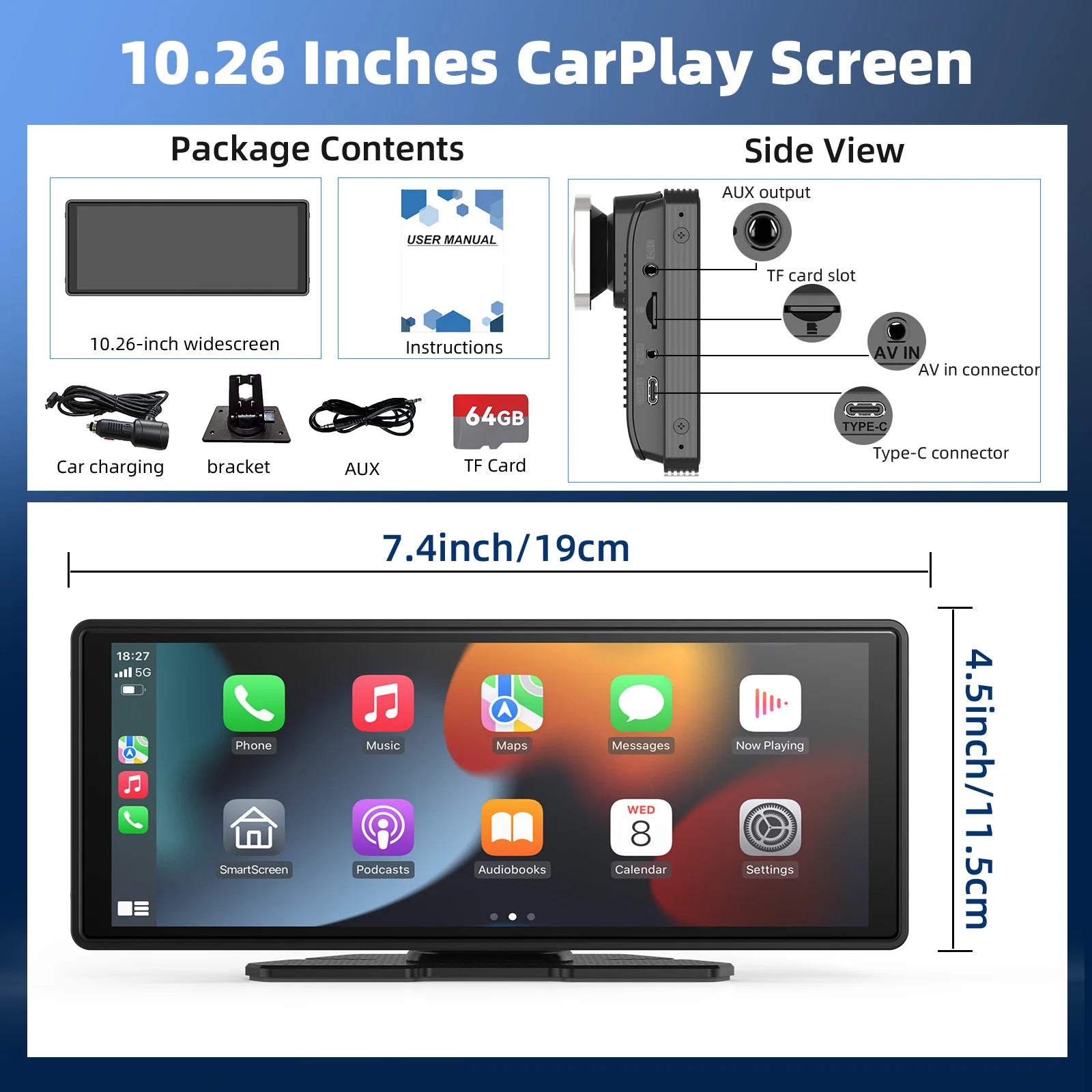 Touchscreen wireless 10,26" CarPlay e Android Auto con telecamera posteriore